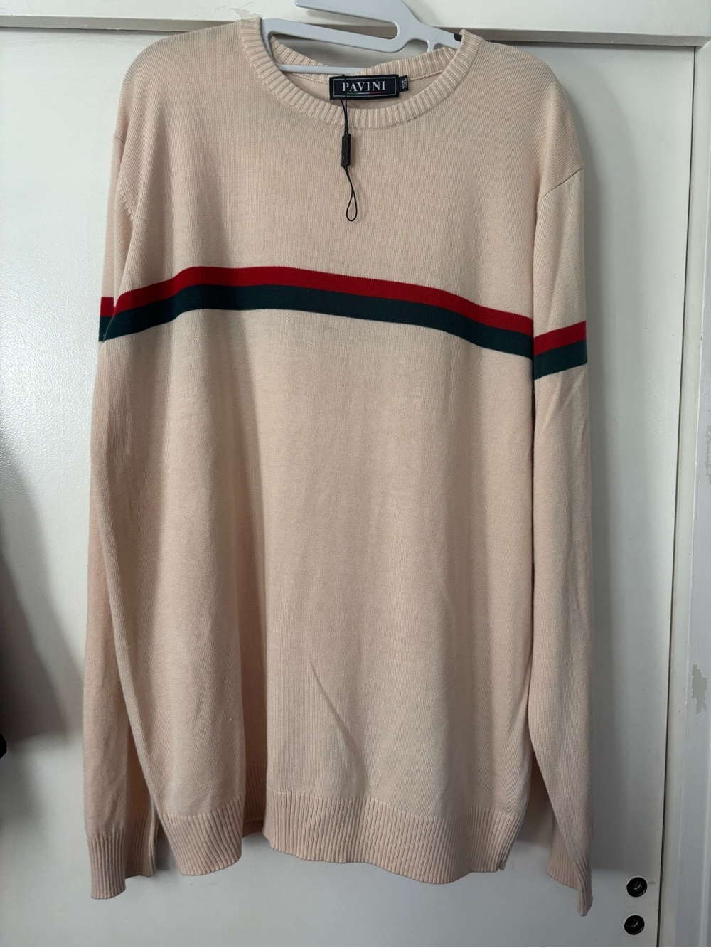 Men's Cream Crewneck Sweater with Red & Green Stripe Lightweight 2XL NWT